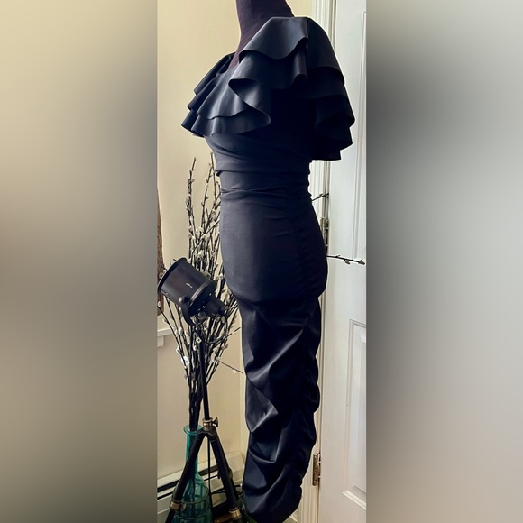 ASOS black ruffle top sleeveless rouch  fitted dress - Picture 3 of 7